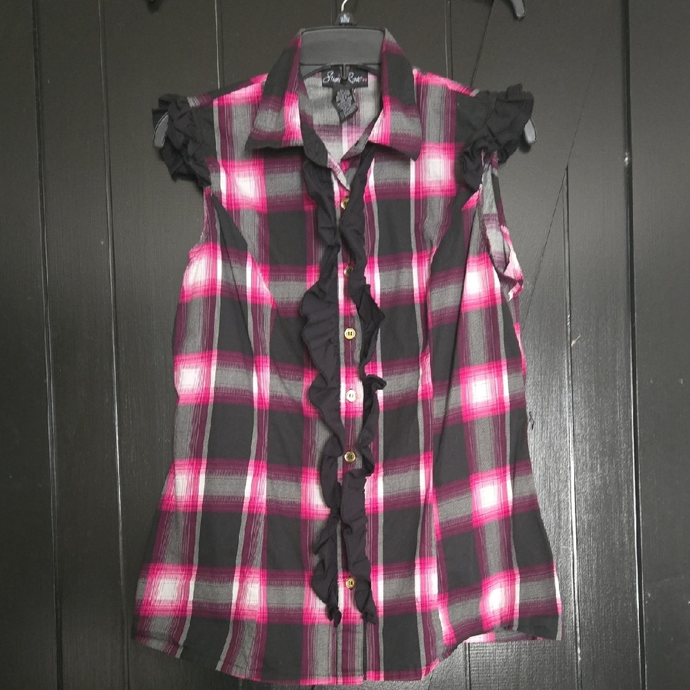 Pink and Black Plaid Sleeveless Blouse